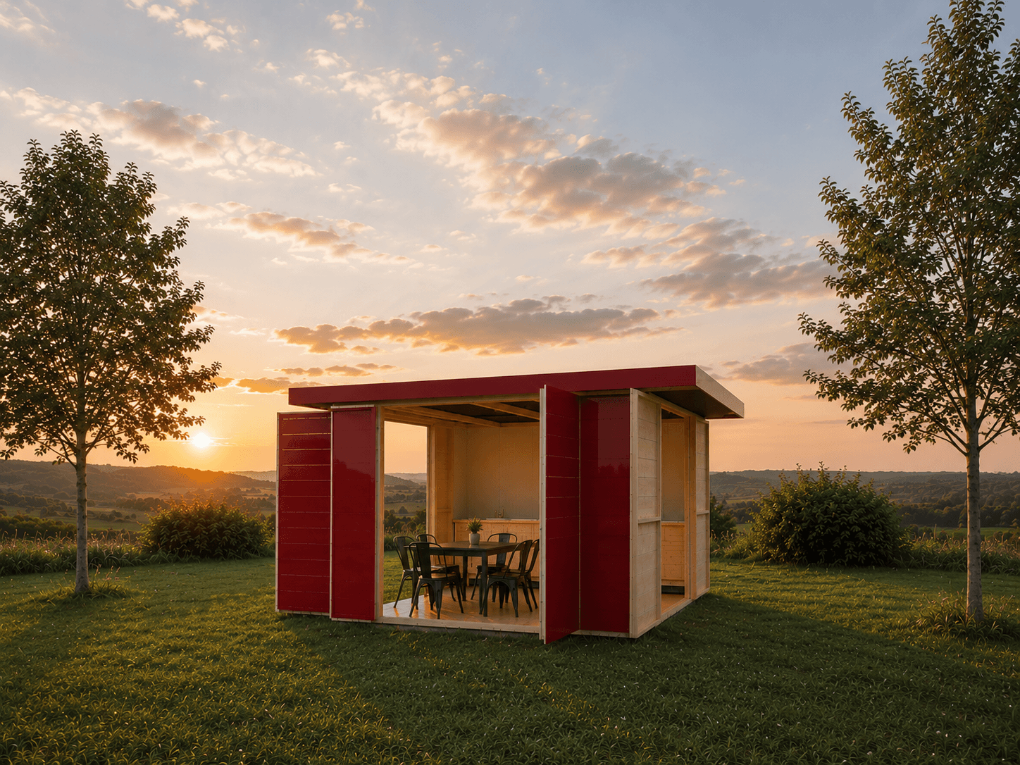 Pavilhão para cozinhar ao entardecer