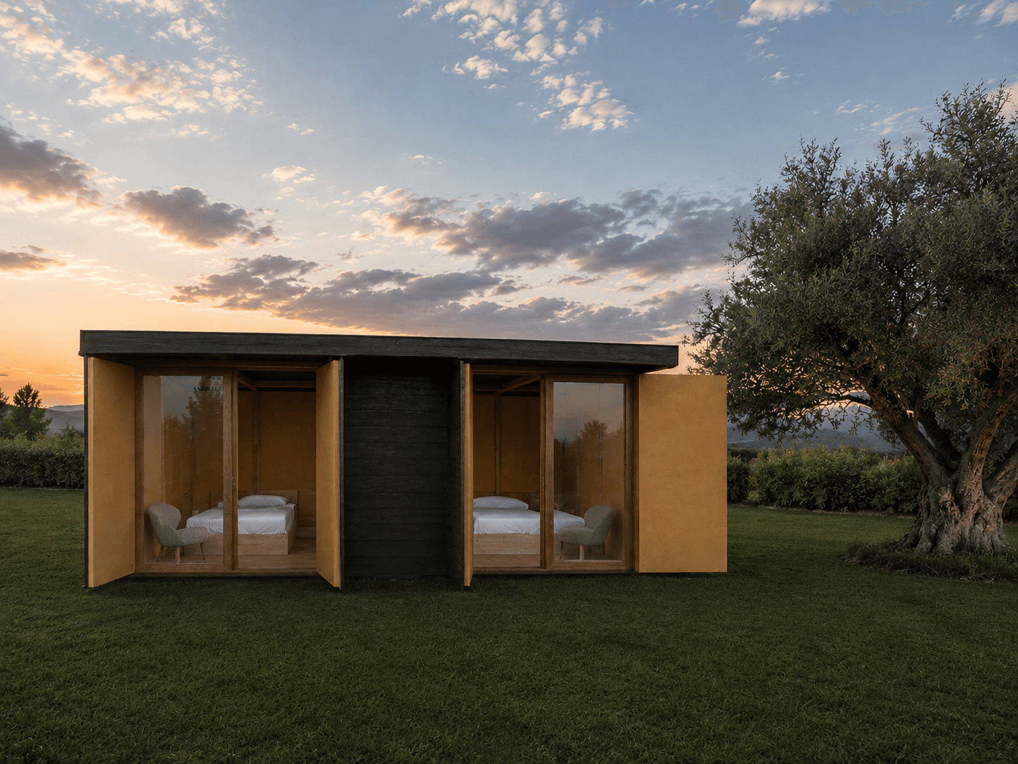 Pavilhão para dormir em paisagem ao pôr do sol